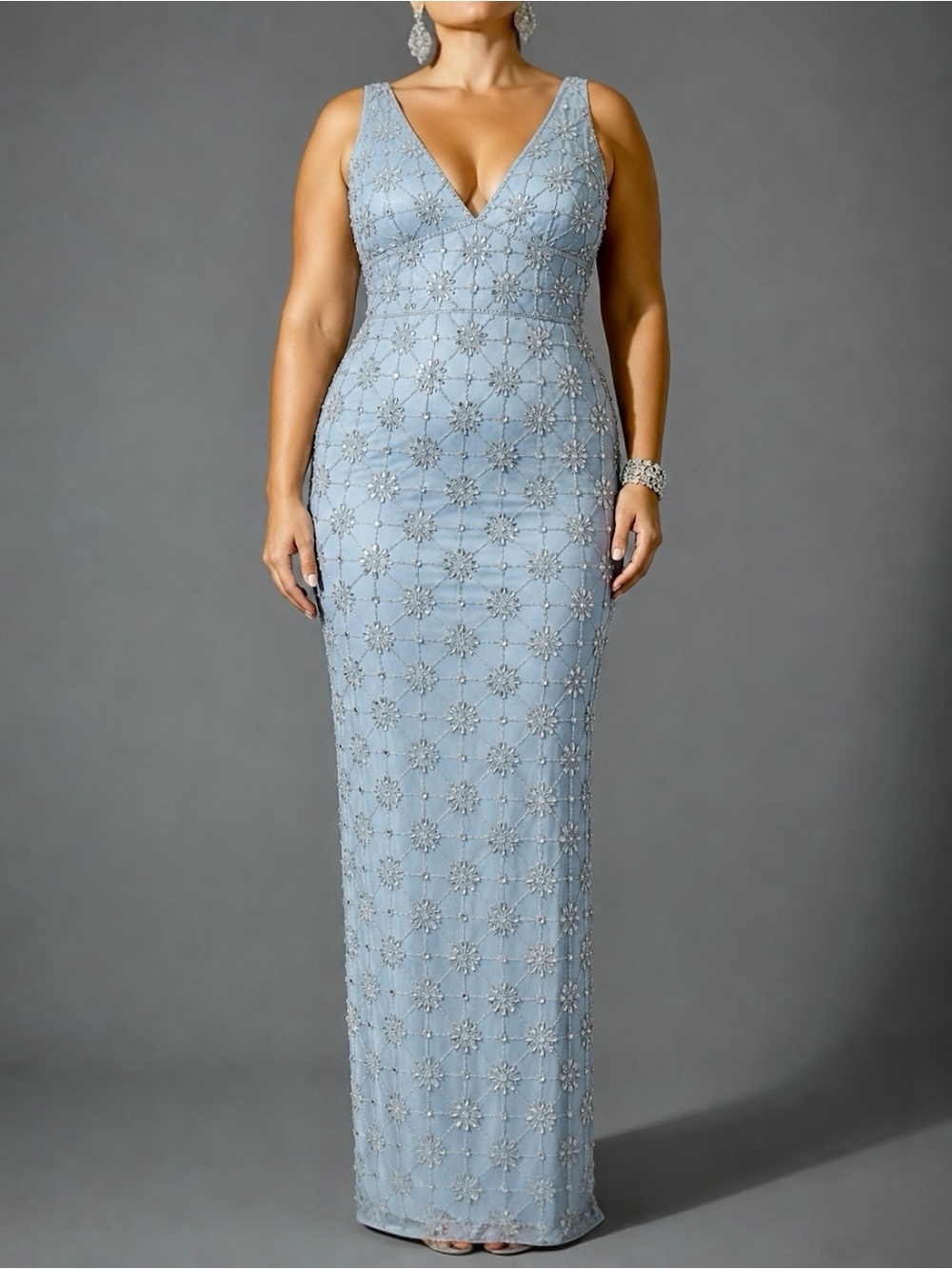 Mac Duggal Light Blue Beaded Rhinestone Column Gown 18 Empire Waist Formal Dress